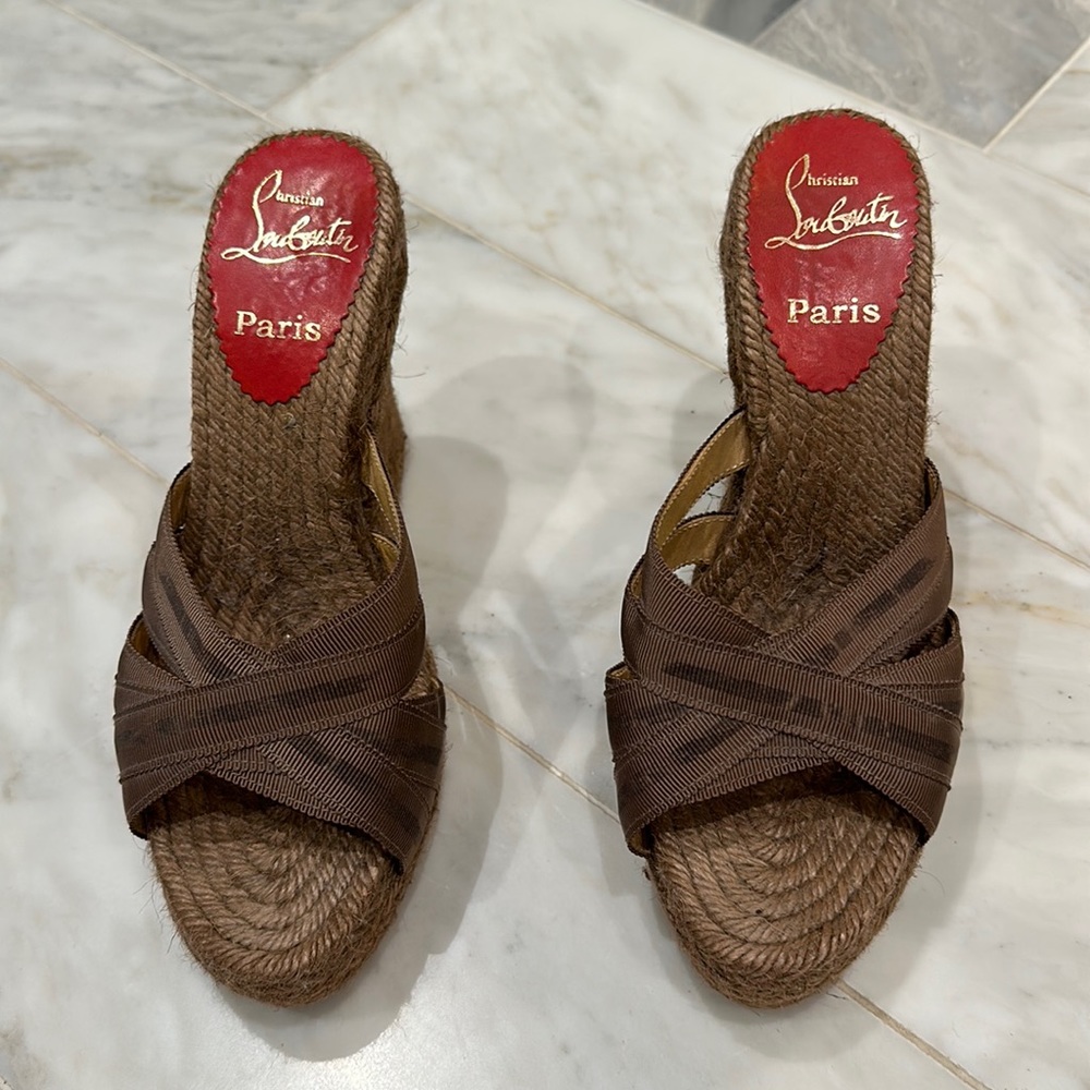 Christian Louboutin light brown Ribbon Espadrille Wedges size 6 /36